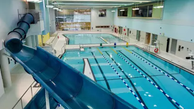 MacBain Community Centre indoor pool, lane pool and blue water slide.