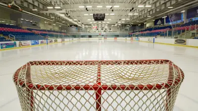 Niagara Falls Gale Centre ice rink with close up of a hockey net