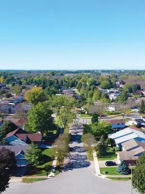 Aerial photo of a neighbourhood of houses and streets.