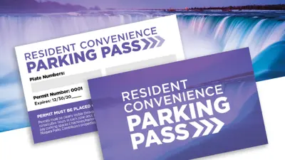 Decorative graphic of example residential passes with the Niagara Falls in the background.