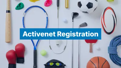 Activenet registration text with sports equipment laid out in a pattern on a white background.