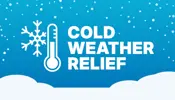 Decorative graphic of a thermostat on a blue background with snow flakes.  White text reads "Cold Weather Relief".