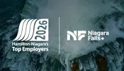 Hamilton-Niagara Top 100 Employers white logo and the City of Niagara Falls white logo, on a background of the Niagara Falls